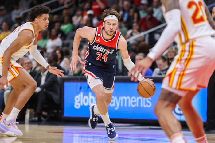 Washington Wizards forward Corey Kispert (24) drives to the basket against the Atlanta Hawks in the second half at State Farm Arena.